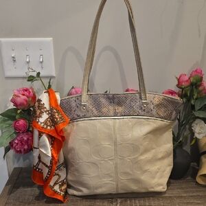 Coach Cream Leather Embossed Large Tote With Shimmer Faux Snake Trim